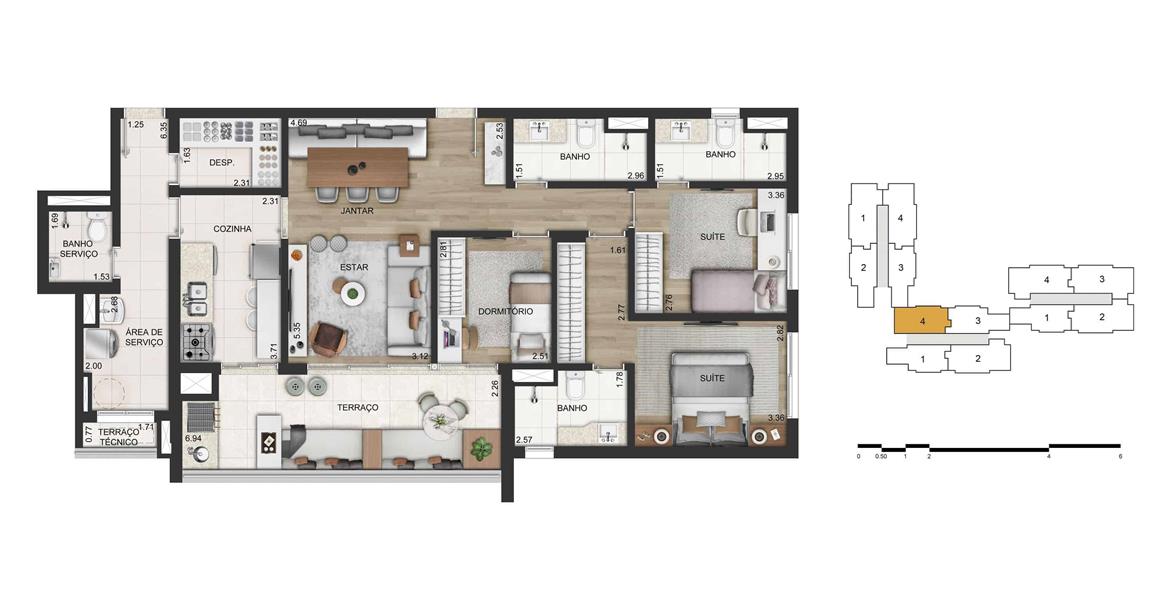 Apartamento 116 m2 privativos 3 dorms. 2 suítes 2 vagas Final 4.