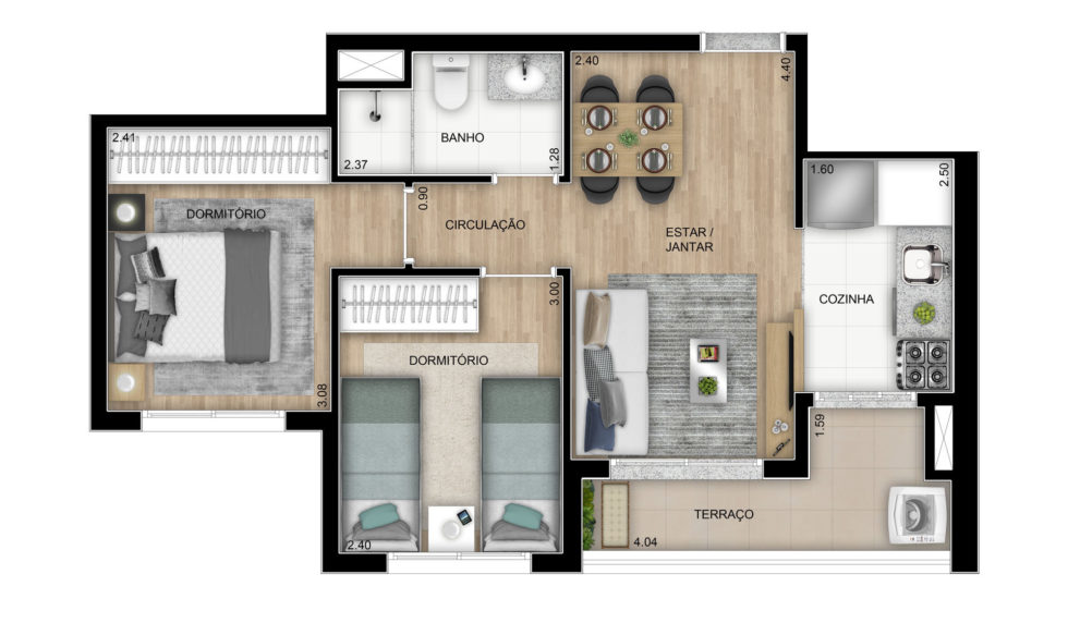 Planta padrão do apartamento de 47 m² do Elo Duo com dois dormitórios