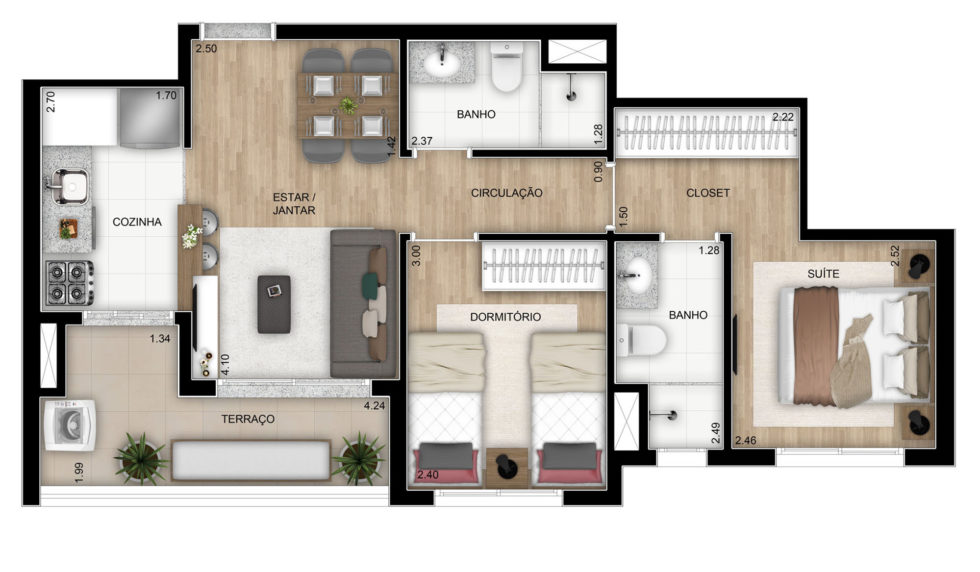 Planta padrão do apartamento de 55 m² do Elo Duo com dois dormitórios e uma suíte