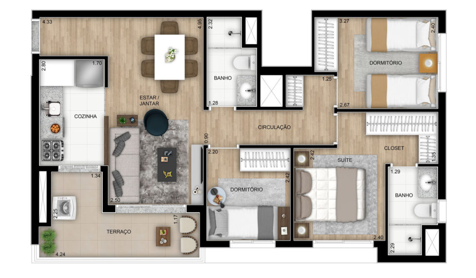 Planta padrão do apartamento de 67 e 68 m² do Elo Duo com três dormitórios e uma suíte