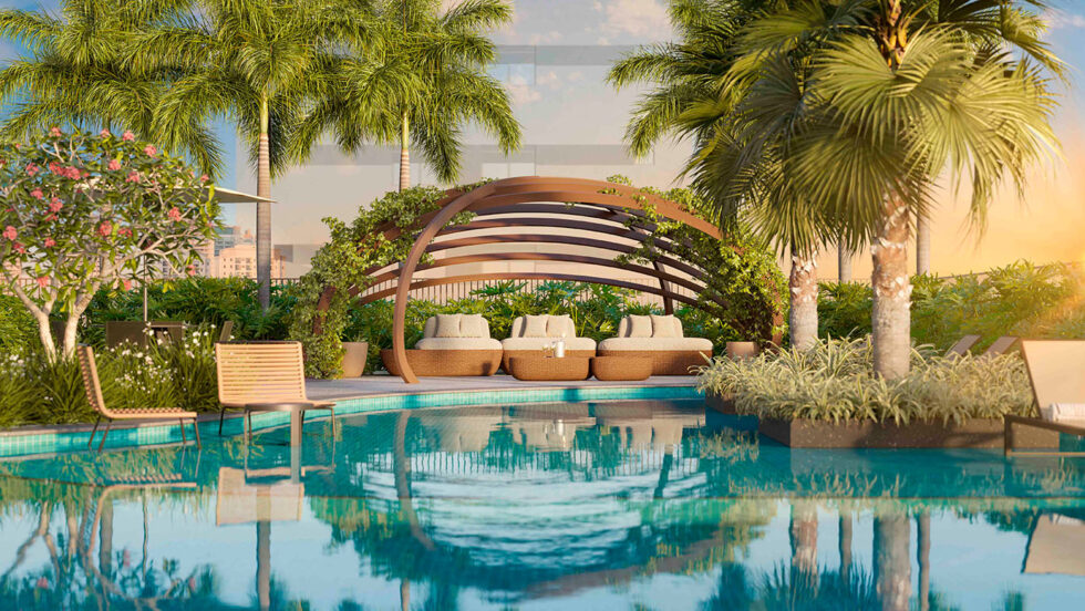 Piscina adulto com raia, deck e paisagismo no lazer elevado do Garden Design