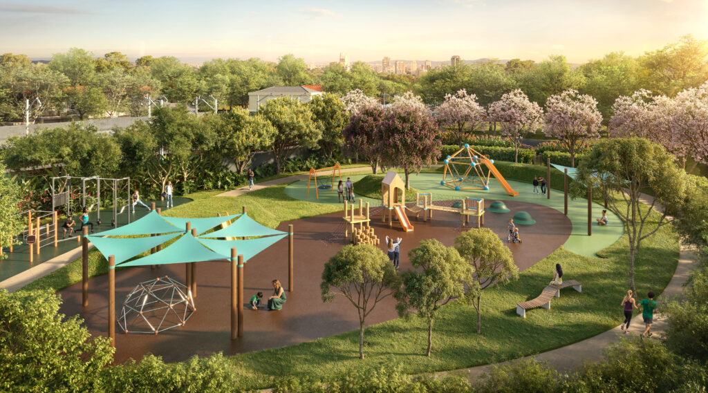 Playground infantil integrado às áreas verdes. Perspectiva ilustrada