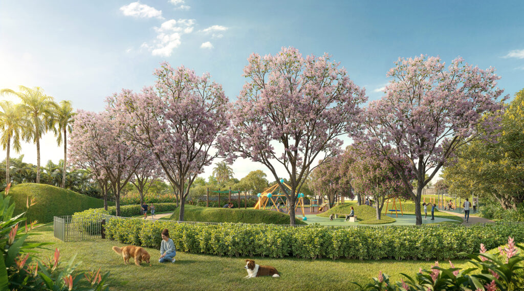 Área arborizada com playground e convivência. Perspectiva ilustrada