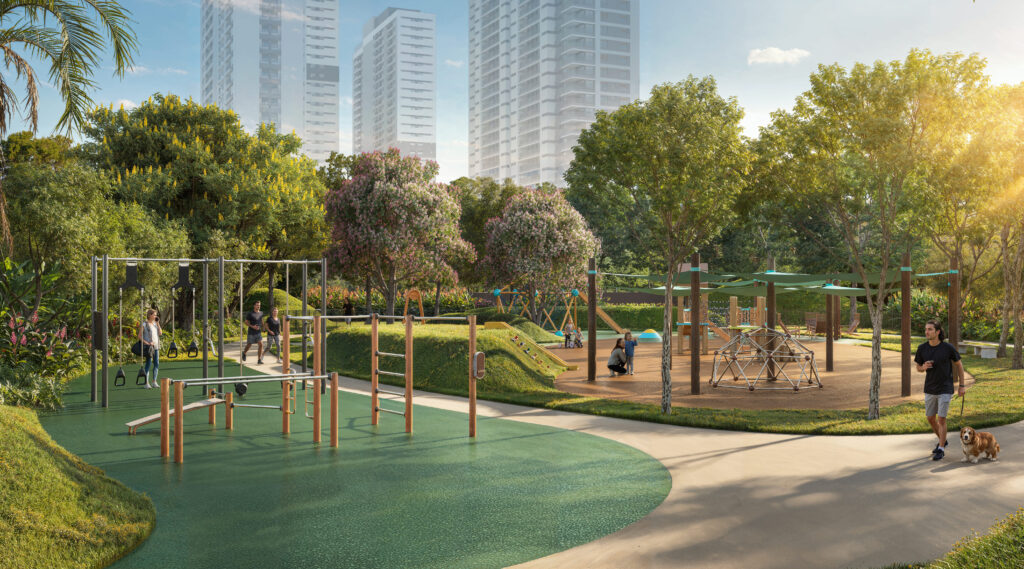 Espaço de exercícios ao ar livre da praça. Perspectiva ilustrada