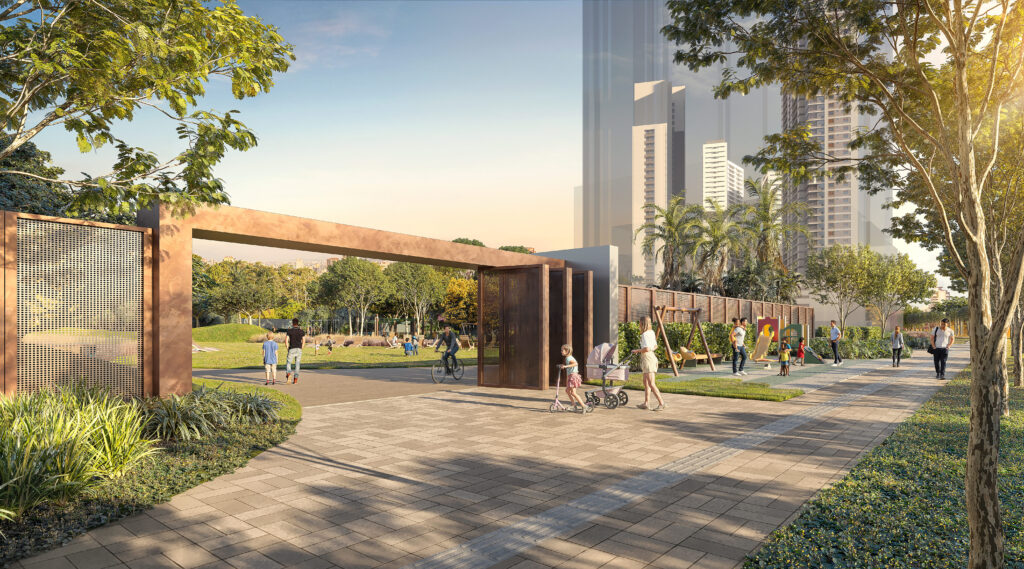 Entrada da praça com boulevard arborizado. Perspectiva ilustrada