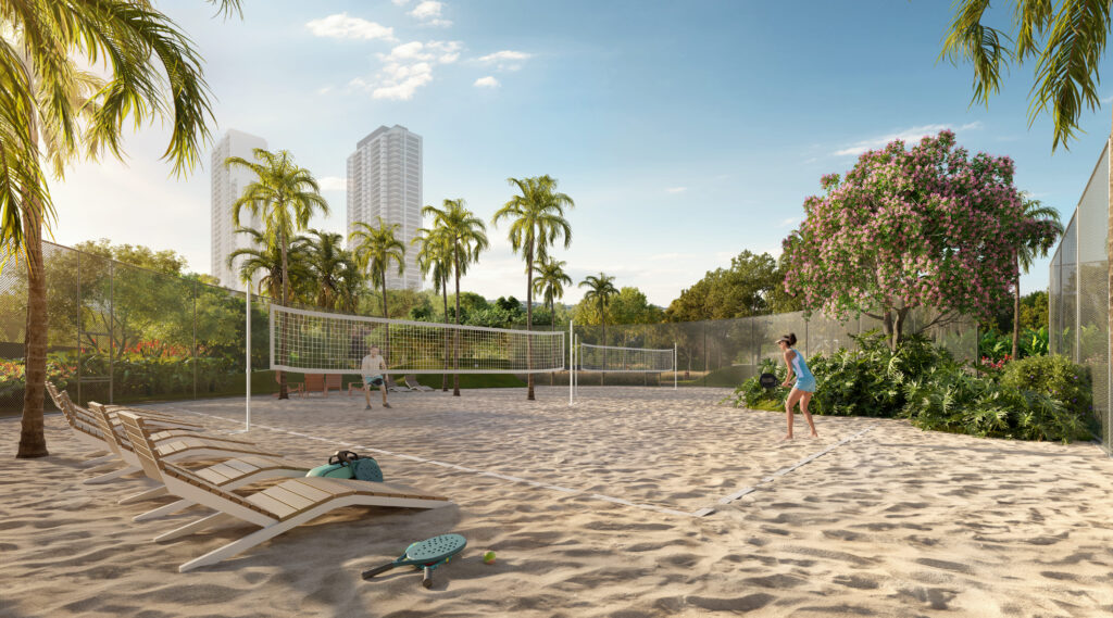 Quadra de areia da praça cercada por paisagismo. Perspectiva ilustrada